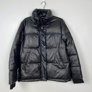 BCBGMaxazria Faux Leather Puffer Jacket Mock Neck Full Zip Black Coat Size Large